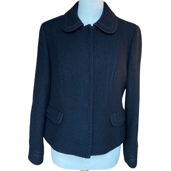 Boden Wool Tweed Blazer Jacket Black Peter Pan Collar Professional Career Sz 12 - Picture 1 of 15